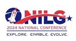 2024 NILG conference logo, has a rocket, and the words Explore, Enable, Evolve